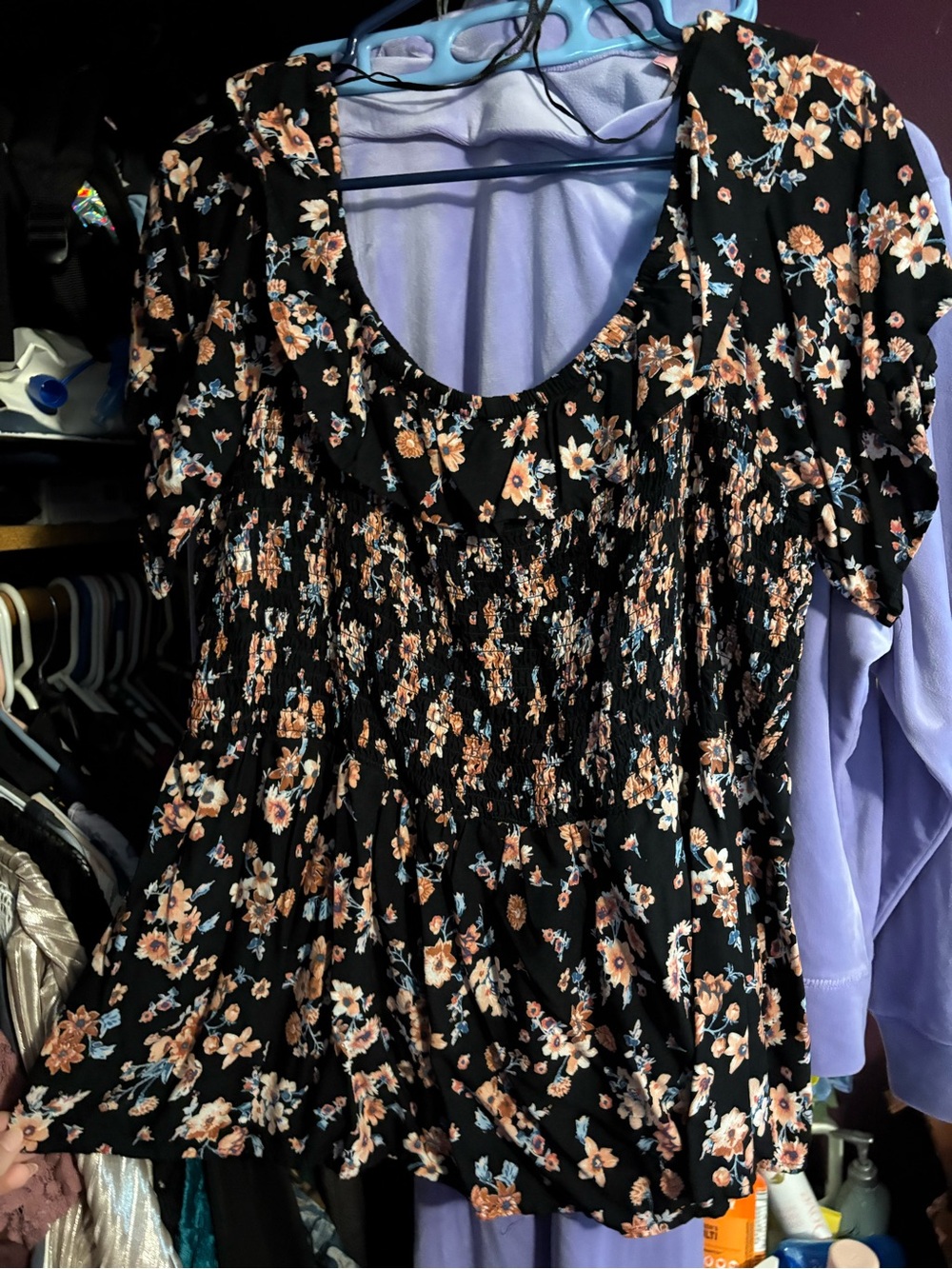 Maurices Black Floral Smocked Short-Sleeve Peplum Top